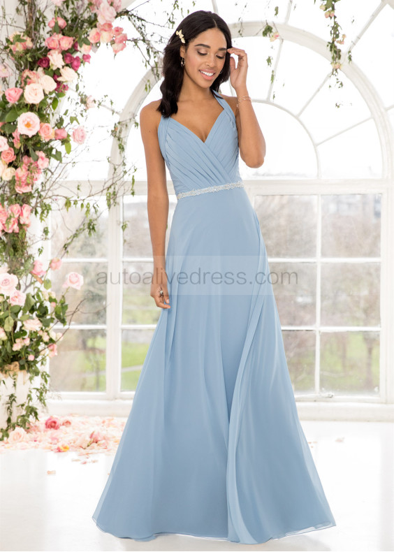 Halter Neck Beaded Pleated Blue Chiffon Bridesmaid Dress